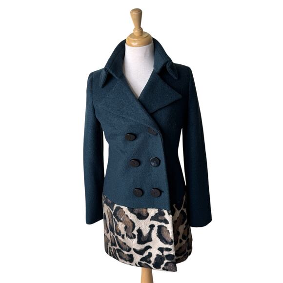 BETH BOWLEY Wool Blend Teal Leopard Animal Print Peacoat Size 4 - Picture 1 of 9
